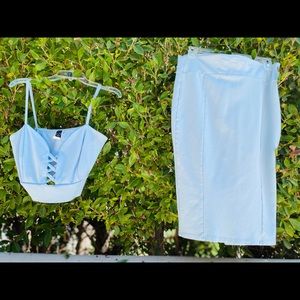 Pastel baby blue bodycon crop-top and midi skirt